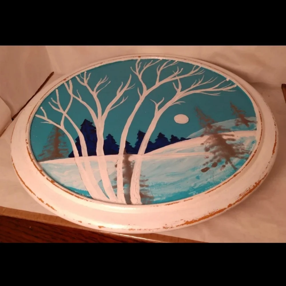 Hand painted winter scene on vtg pedestal plate Birch Trees upcycled